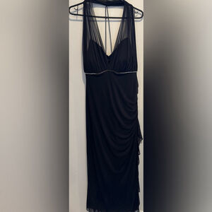 Betsy & Adam Linda Bernell Evening Gown Black Halter Maxi Ruffle slit plunge 20